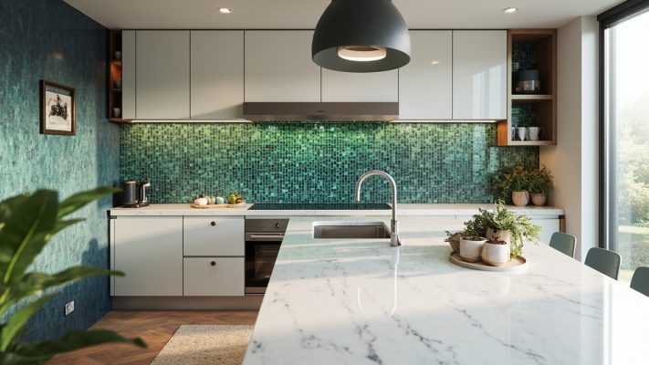 gach mosaic op bep mau xanh hien dai