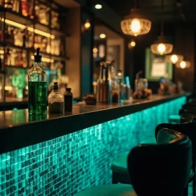 Mat truoc quay bar op gach mosaic thuy tinh xanh lap lanh duoi den quan